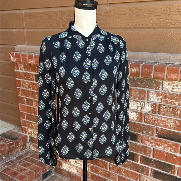 Diane von Furstenberg Button Up Shirt Top Black 100% Silk Long Sleeve Size 2 - Picture 1 of 8